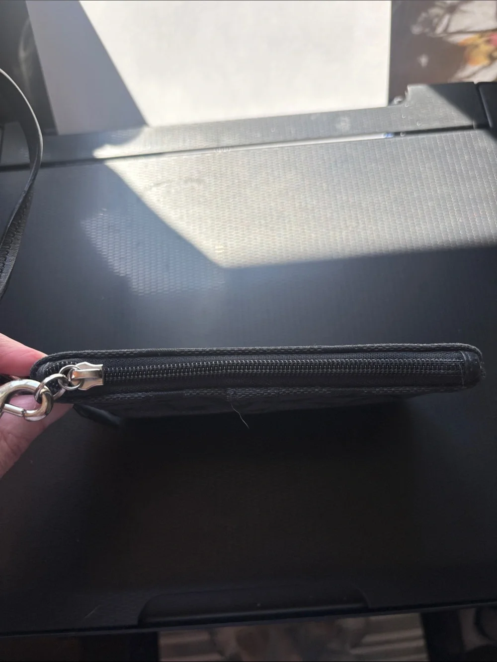 Coach Black Signature Wristlet with Gunmetal Accent